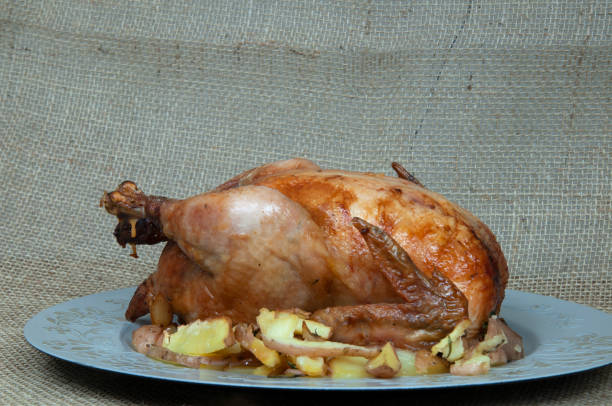 pollo asado entero y apetitoso dentro de un plato - pollos de comida rápida  fotografías e imágenes de stock