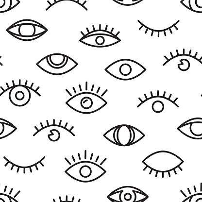 Eye vector seamless pattern, minimal character line print, cute doodle texture, black look eyes wallpaper. Cartoon simple illustration