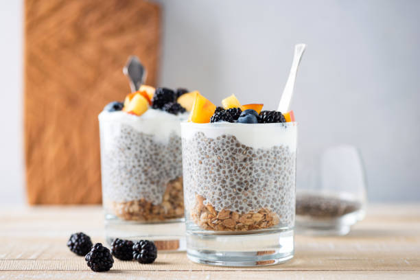 istock Chia pudding with greek yogurt, granola layer and fruits 1440320488