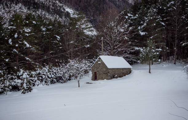 istock Winter panorama with ski cabin in the snow 1440320992