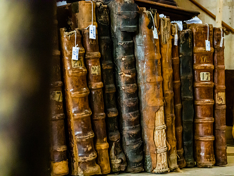 Old books of the cathedral of Santa María of Burgos, Castilla y León, Spain.