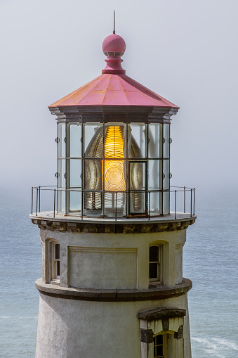 A close up of the Heceta Head Lighthouse light.