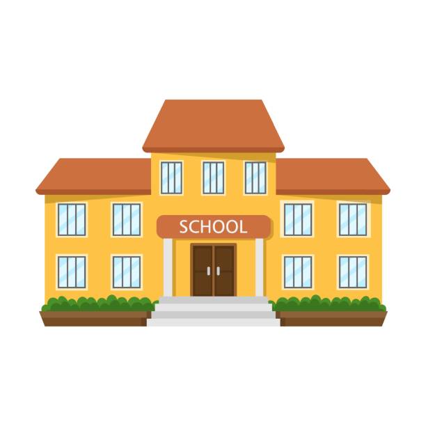 ilustrações de stock, clip art, desenhos animados e ícones de building primary high school. city, town hall cartoon vector illustration. exterior of museum, hospital, police station, post office, government, bank, school, theatre, university - primary care