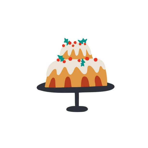 축제 크리스마스 케이크입니다. 플랫 스타일의 손으로 그린 벡터 그림. - christmas cake stock illustrations