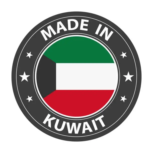 Vector illustration of Made in Kuwait badge vector. Sticker with stars and national flag. Sign isolated on white background.