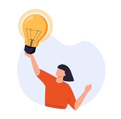 Person with creative business idea. Bright lightbulb as smart solution, insight, discovery and invention concept. Happy inventor with light bulb. Flat vector illustration isolated on white background