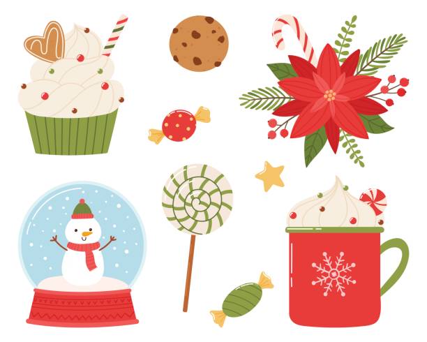 illustrazioni stock, clip art, cartoni animati e icone di tendenza di set natalizio colorato di dolci ed elementi stagionali. sfondo bianco isolato. - muffin coffee cartoon cake