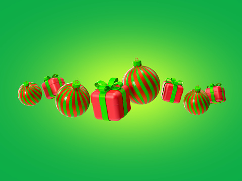 Concept Design Merry Christmas and a Happy New Year. Christmas ball and red gift boxes floating on green background, traditional celebrations in December, 3d rendering.