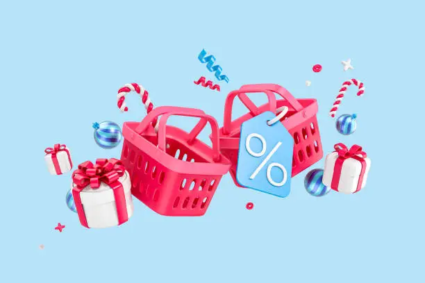 Two red supermarket basket with gift boxes, candy cane, christmas ball and discount price tag on a blue background. Concept of New Year sale and shopping. 3d rendering