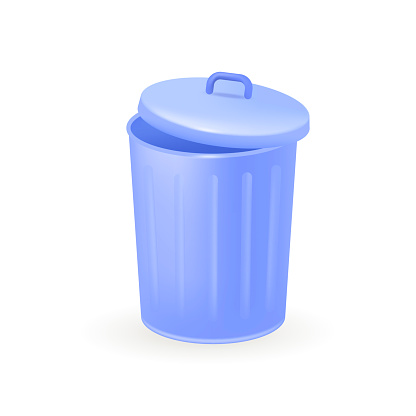 Blue metal trashcan with lid 3D icon. Bin for garbage, trash or litter 3D vector illustration on white background. Ecology, environment, hygiene, protection, pollution concept