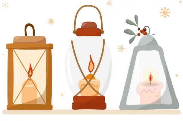 Vector illustration of Vector vintage kerosene lantern with candle old glowing lamp winter holiday decoration. Fancy inspiration vector for Christmas card, wedding, date, birthday or holiday party.
