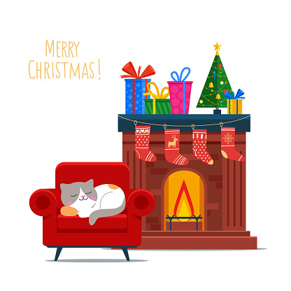 Christmas room interior. Christmas tree, gifts, decoration, sofa, cat, fireplace. Cozy noel xmas night celebration interior vector illustration.