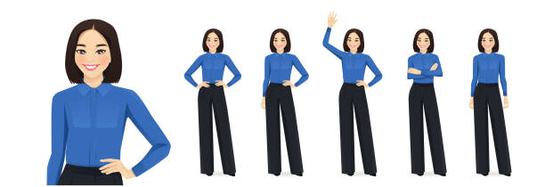 Woman business set Business asian cheerful woman standing in different poses. Isolated vector illustration set. business casual fashion stock illustrations
