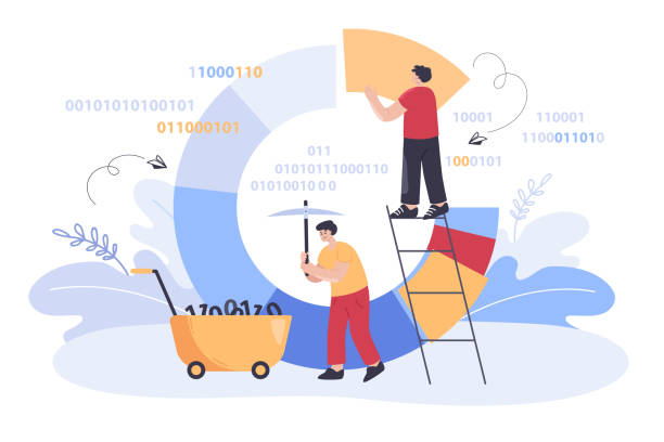 Men searching for information in background of huge diagram Men searching for information in background of huge diagram. Tiny male person with miners pick and trolley flat vector illustration. Process of data mining, industry, analysis concept word processing stock illustrations