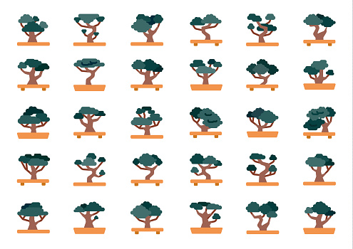 Bonsai Tree Flat Icons Set. Vector illustration.