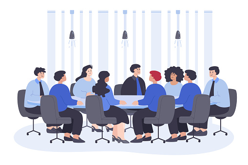 Meeting of politicians or corporate employees at round table. Team of male and female office staff sitting on conference in boardroom flat vector illustration. Authority, business teamwork concept