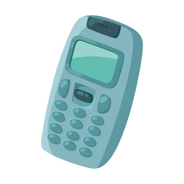 istock Cellphone, cartoon illustration. Mobile phone model with antenna or push button telephone, smart device with touchscreen 1440332510
