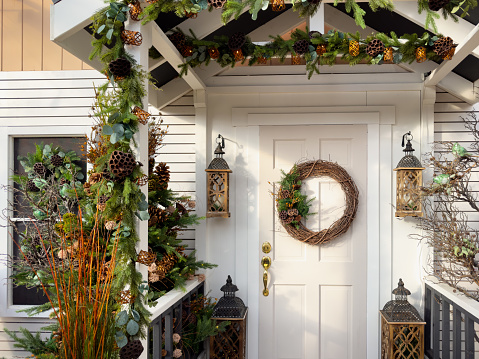 Home decorated for the Christmas holiday. Front Door in December