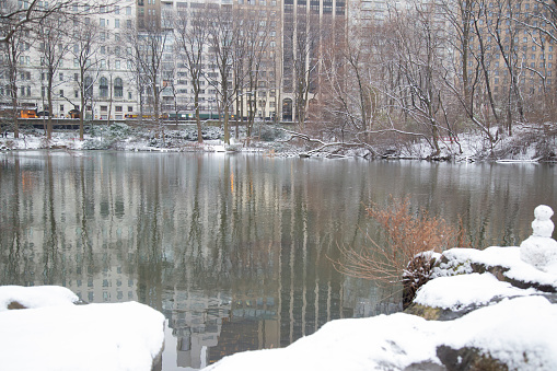 Ice and snow in the lake in Central Park, city of New York