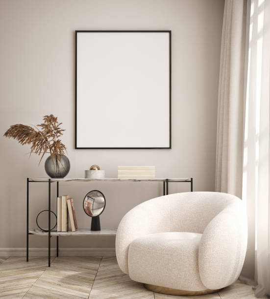istock mock up poster frame in modern interior background, interior space, living room, Contemporary style, 3D render, 3D illustration 1440336708