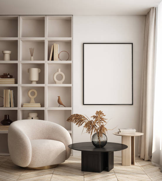 istock mock up poster frame in modern interior background, interior space, living room, Contemporary style, 3D render, 3D illustration 1440336723
