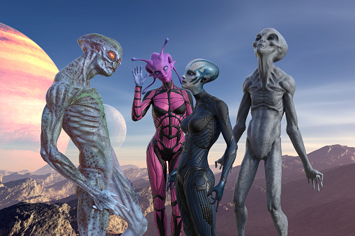 3d Illustration of four extraterrestrials in different poses in the foreground with a rising planet plus a in the background.