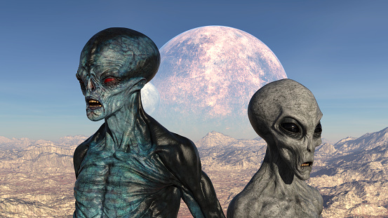 3d illustration of a blue and grey alien turned away from each other looking into the distance on a barren planet with a moon rising.