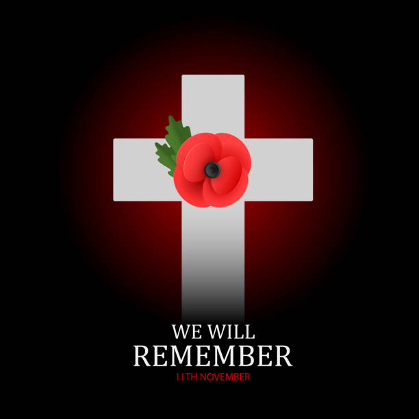 istock Wooden cross with poppy on black with text. Decorative flower for Remembrance Day. 1440338382