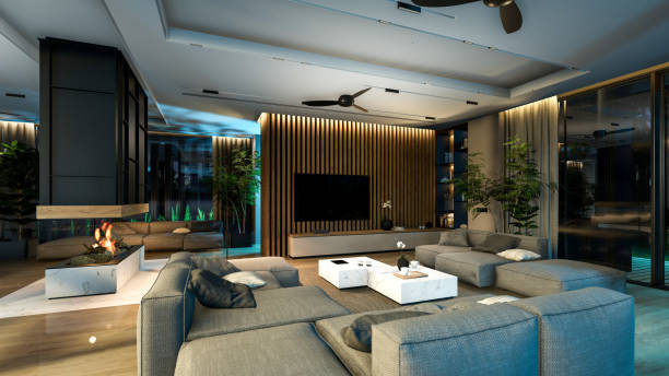 istock 3d rendering of modern cozy interior with living, dining zone, stair and kitchen in night 1440338452