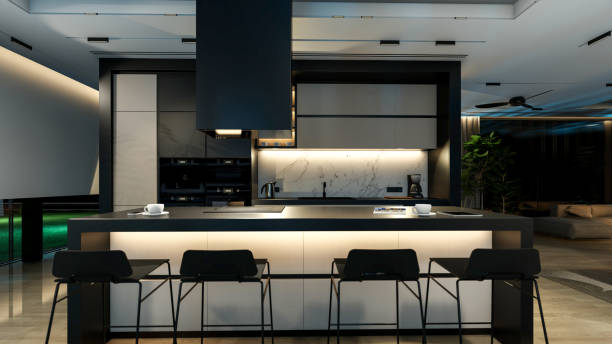 istock 3d rendering of modern cozy interior with living, dining zone, stair and kitchen in night 1440338524