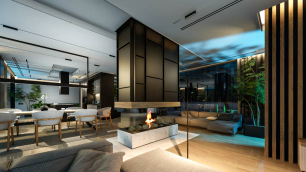 istock 3d rendering of modern cozy interior with living, dining zone, stair and kitchen in night 1440338539
