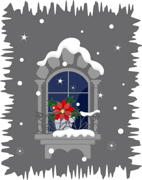 Vector illustration of Christmas scene with poinsettia on window