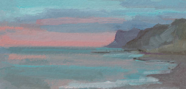 lukisan cat minyak matahari terbenam pemandangan laut. - seascape ilustrasi stok