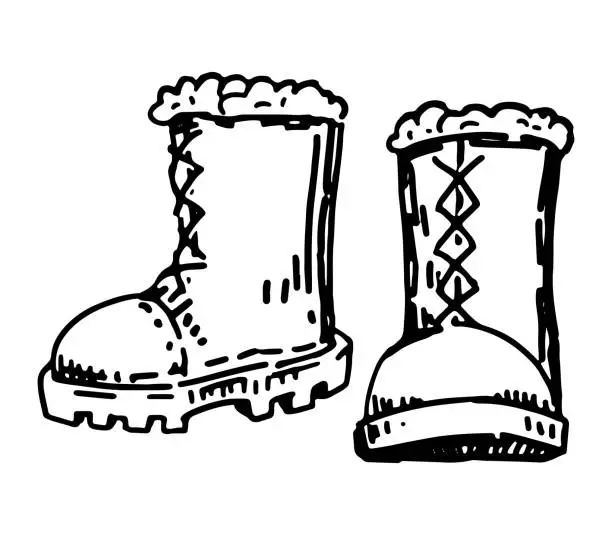 Vector illustration of Doodle of warm boots. Outline drawing of winter footwear. Hand drawn vector illustration. Single clipart isolated on white background.