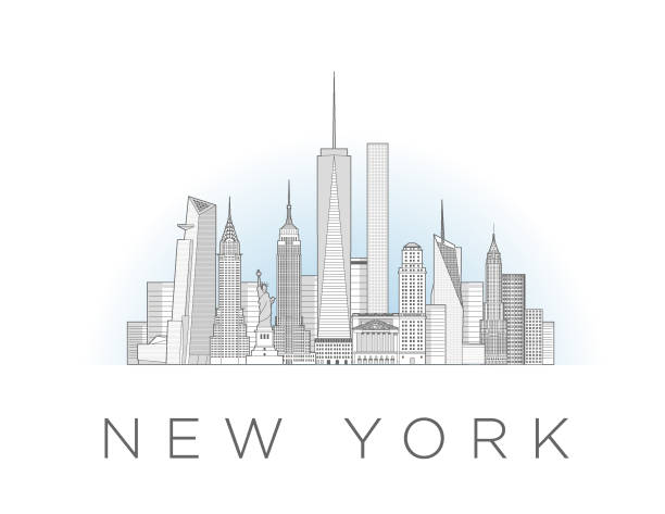 ilustraciones, imágenes clip art, dibujos animados e iconos de stock de ilustración vectorial de estilo de arte lineal del paisaje urbano de nueva york - freedom tower new york new york city skyline world trade center