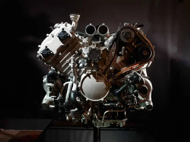 V8 car engine on the demonstration stand