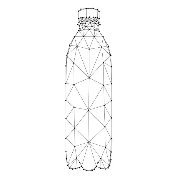 Vector illustration of Water bottle, aqua liquid plastic package, clean natural artesian drinking, from abstract futuristic polygonal black lines and dots. Low poly concept. Vector illustration.