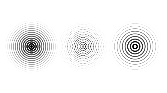 Concentric ripple circles set. Sonar or sound wave rings collection. Epicentre, target, radar icon concept. Radial signal or vibration elements. Vector