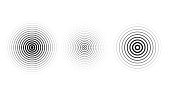 Concentric ripple circles set. Sonar or sound wave rings collection. Epicentre, target, radar icon concept. Radial signal or vibration elements. VectorWeb