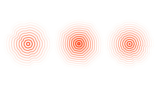 Red concentric ripple circles set. Sonar or sound wave distorted rings collection. Epicentre, target, radar icon concept. Radial signal or vibration elements. Vector