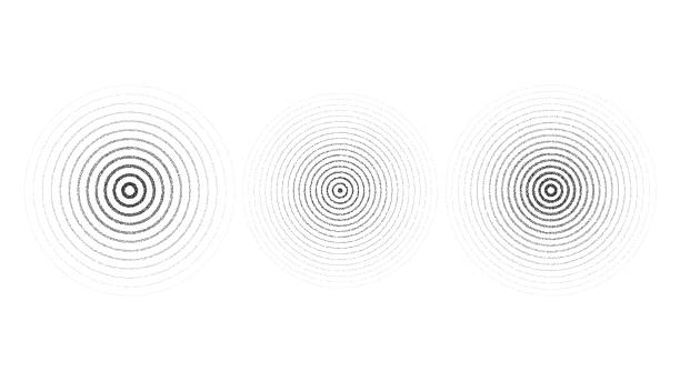Texture concentric ripple circles set. Sonar or sound wave rings collection. Epicentre, target, radar icon concept. Radial signal or vibration elements. Dotted vector illustration