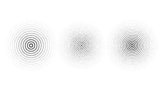 Texture concentric ripple circles set. Sonar or sound wave rings collection. Epicentre, target, radar icon concept. Radial signal or vibration elements. Dotted vector illustration