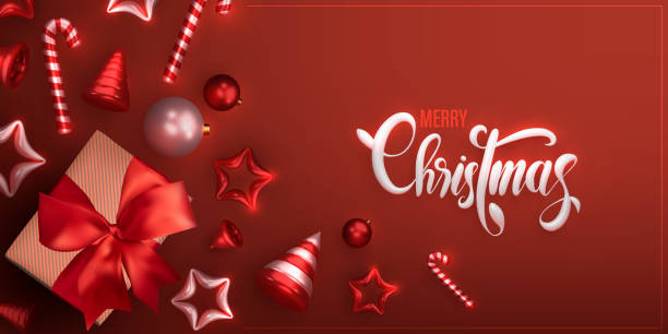 illustrazioni stock, clip art, cartoni animati e icone di tendenza di sfondo natalizio. flat lay rosso monocromatico design di campana di natale realistica, palle, stella e scatola regalo per biglietti di auguri - holiday christmas backgrounds bell