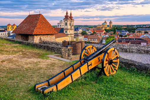 Eger, Hungary, view over medieval Old town from the historical fortress on sunset