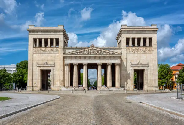 Munich, Germany, view of the Propylaea building in Konigsplatz square, a neo-classical greek style city gate built to celebrate friendship between Bavaria and Greece