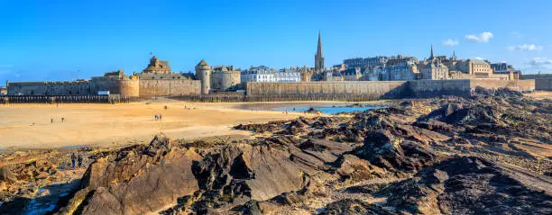 Panoramic view of the historical walled city of St Malo on Atlantic coast of Brittany, France