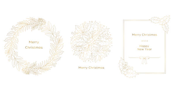 świąteczny zestaw projektowy, wieniec bożonarodzeniowy z ilustracją i ramką, rysunek białej linii na granatowym tle. - christmas frame holly leaf stock illustrations