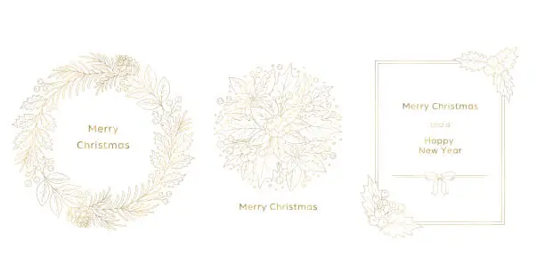 Vector illustration of Christmas design set, Christmas wreath with illustration and frame, white line drawing on navy background.