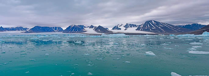 Panorama of a Barren Arctic Seascape at Lilliehookfjorden in the Svalbard Islands in Norway
