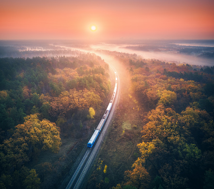 Train in beautiful forest in fog at sunrise in autumn. Aerial view of commuter train in fall. Colorful landscape with railroad, foggy trees, orange leaves, red sky and mist. Top view. Railway station